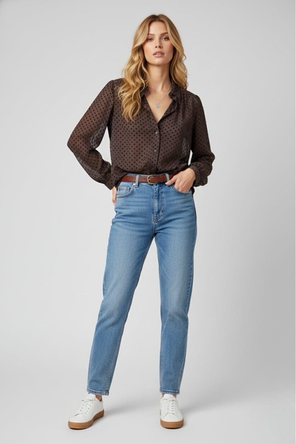 Brown Polka-Dot Button-Up Shirt in chiffon