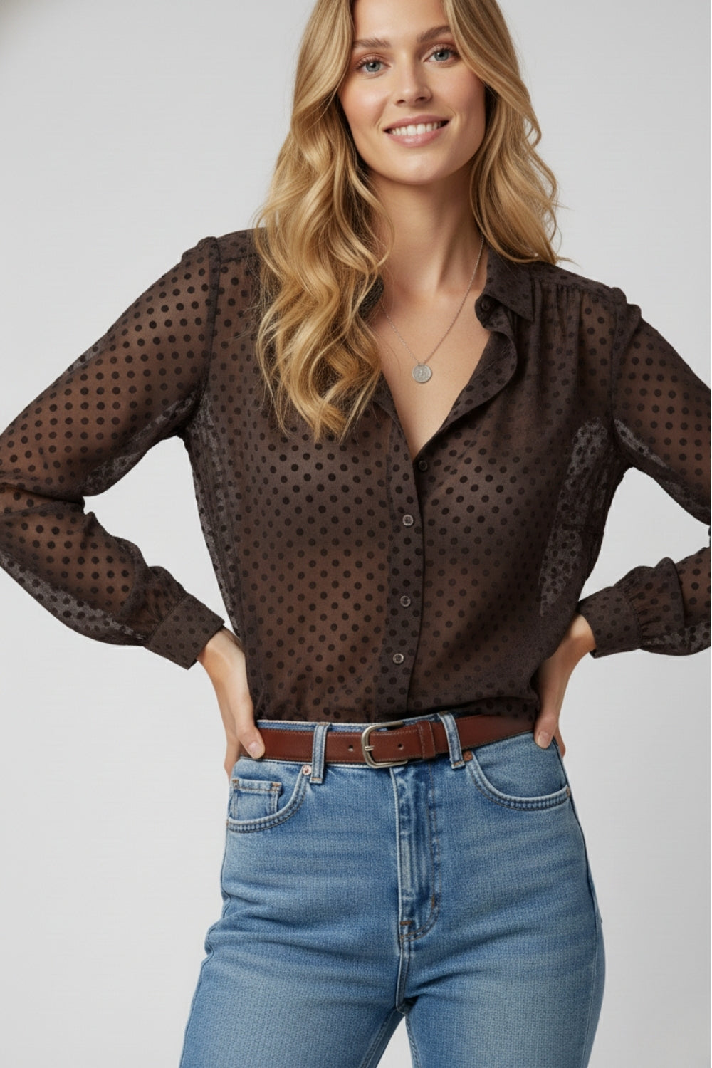 Brown Polka-Dot Button-Up Shirt in chiffon