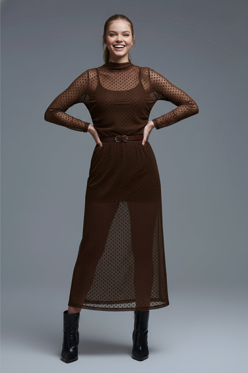 Q2 Brown Polka Dot Maxi Dress in sheer fabric