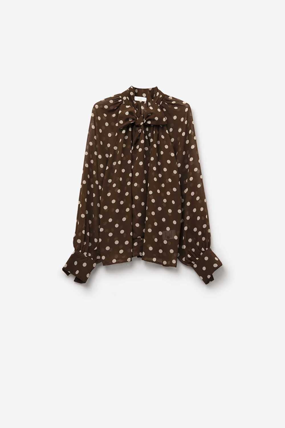 Brown Polka-Dot Shirt with Lace Detail in chiffon fabric