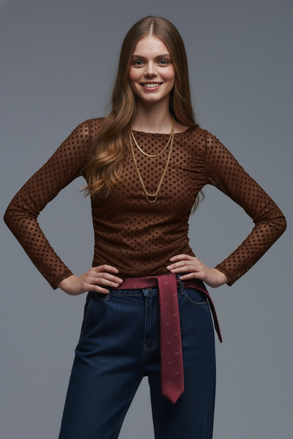 Q2 Brown Polka Dot Top in elastic sheer fabric