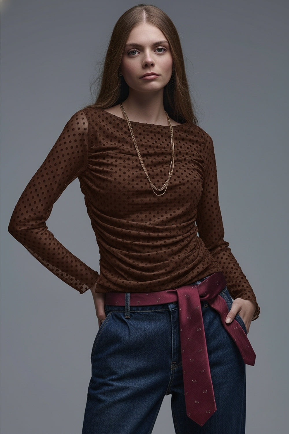 Brown Polka Dot Top in elastic sheer fabric