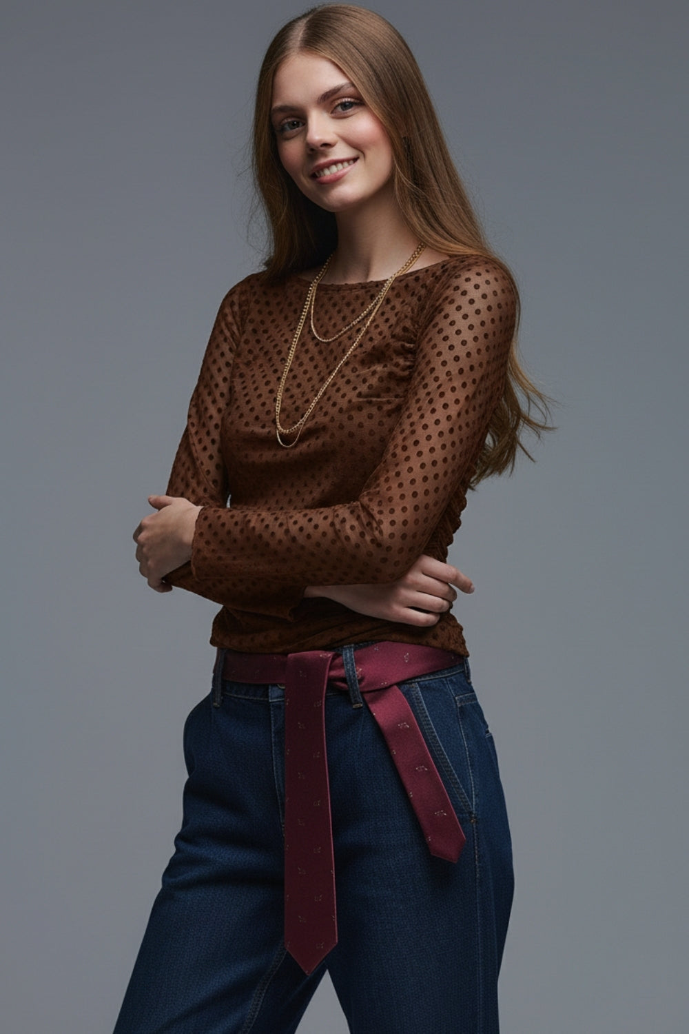 Brown Polka Dot Top in elastic sheer fabric