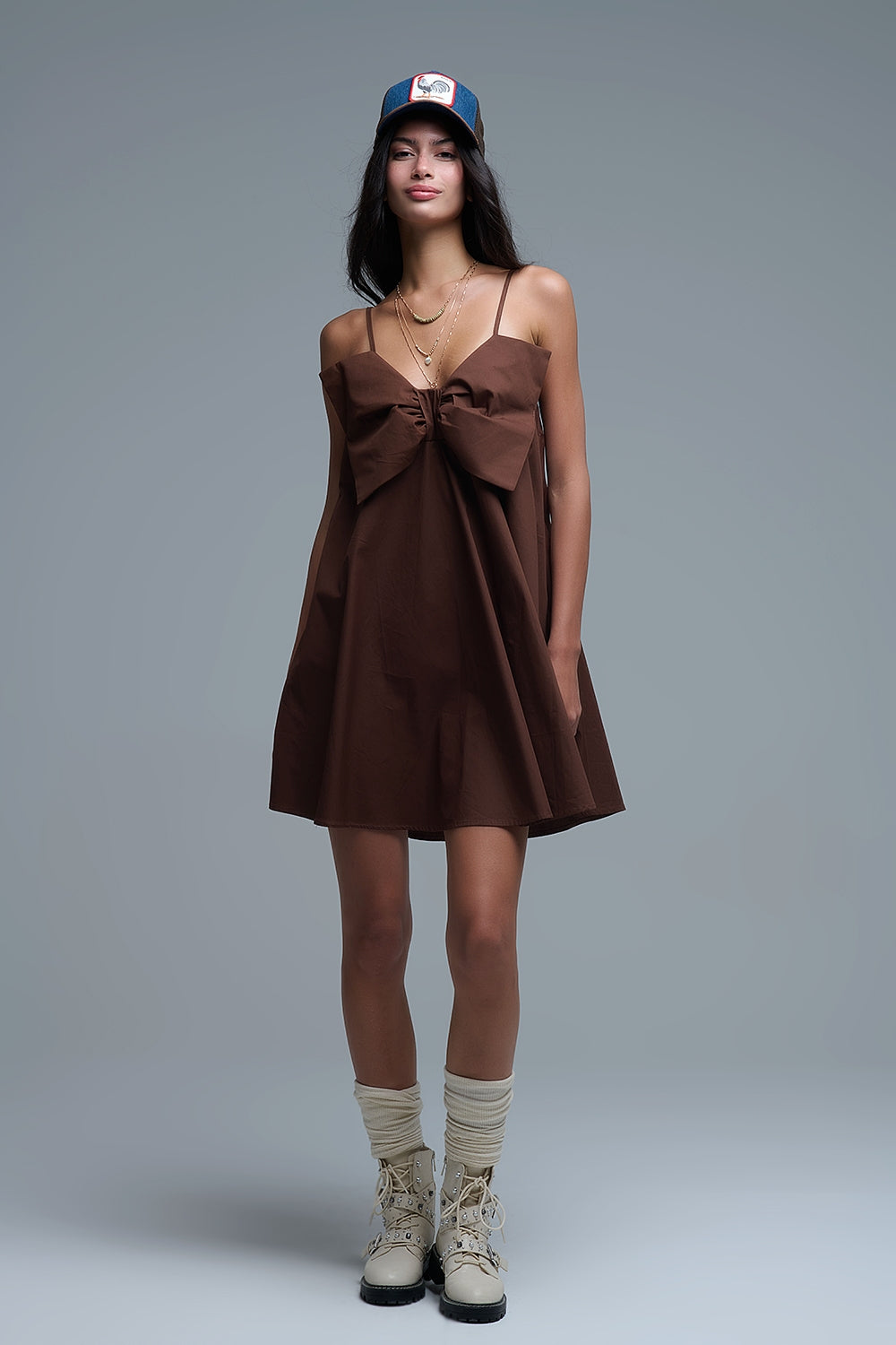 Brown poplin mini dress with a big bow detail
