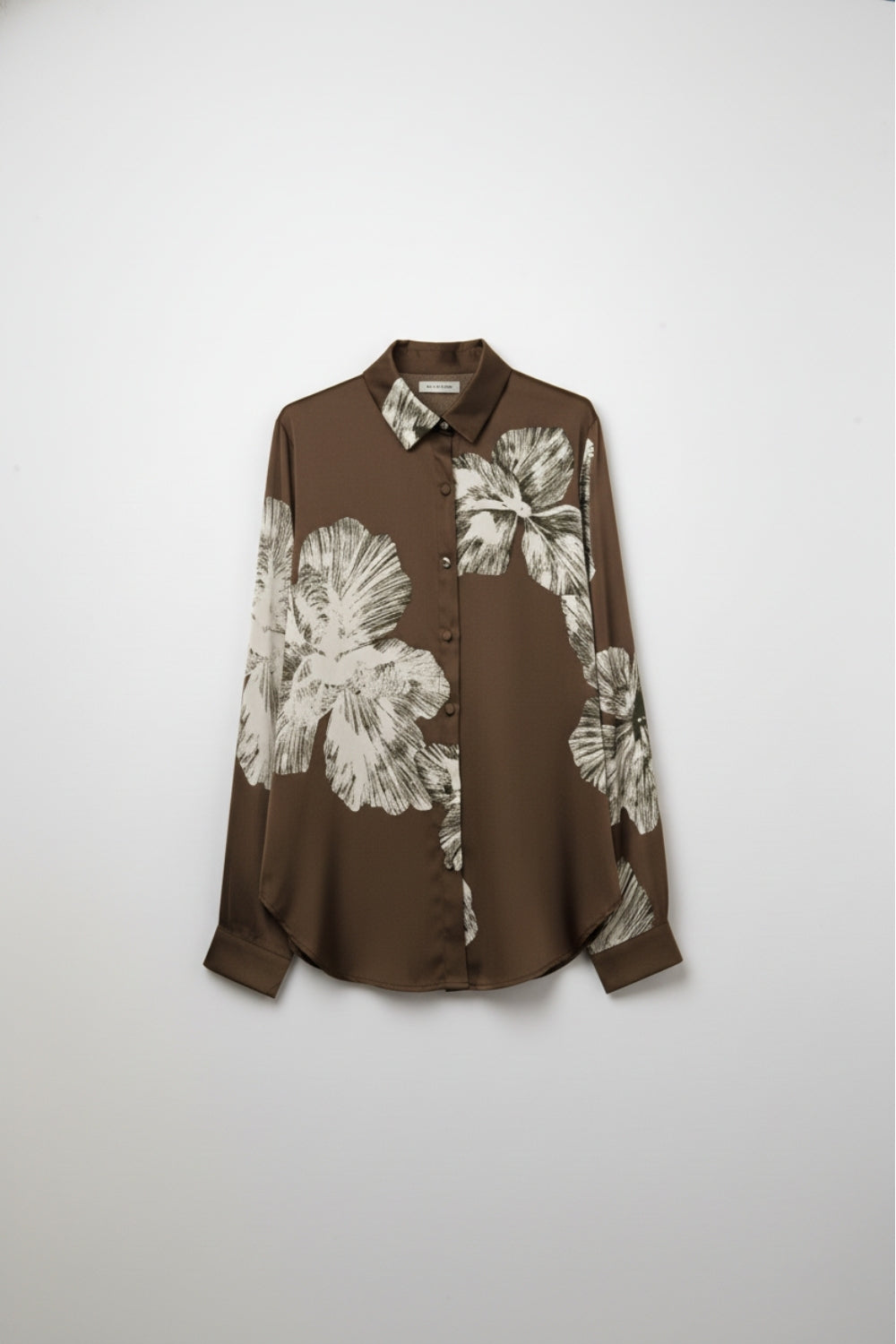 Brown Floral Button-Up Blouse in Satin fabric