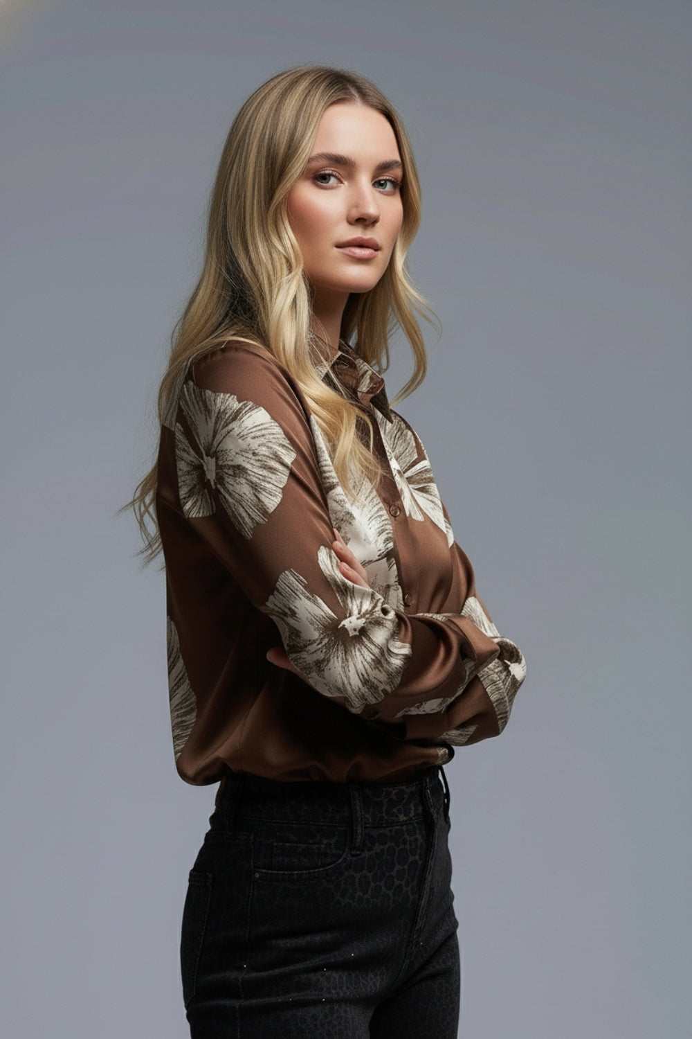Brown Floral Button-Up Blouse in Satin fabric