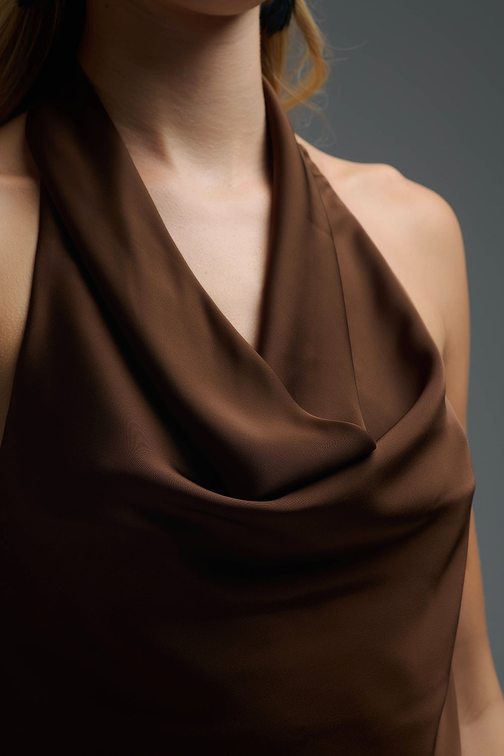 Brown Satin Halter Top with Draped Neckline