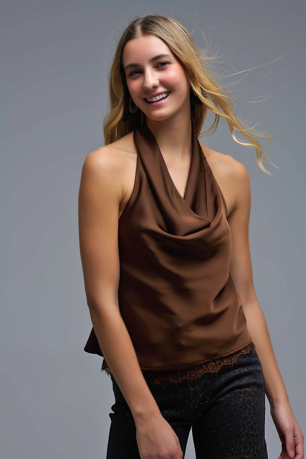Brown Satin Halter Top with Draped Neckline