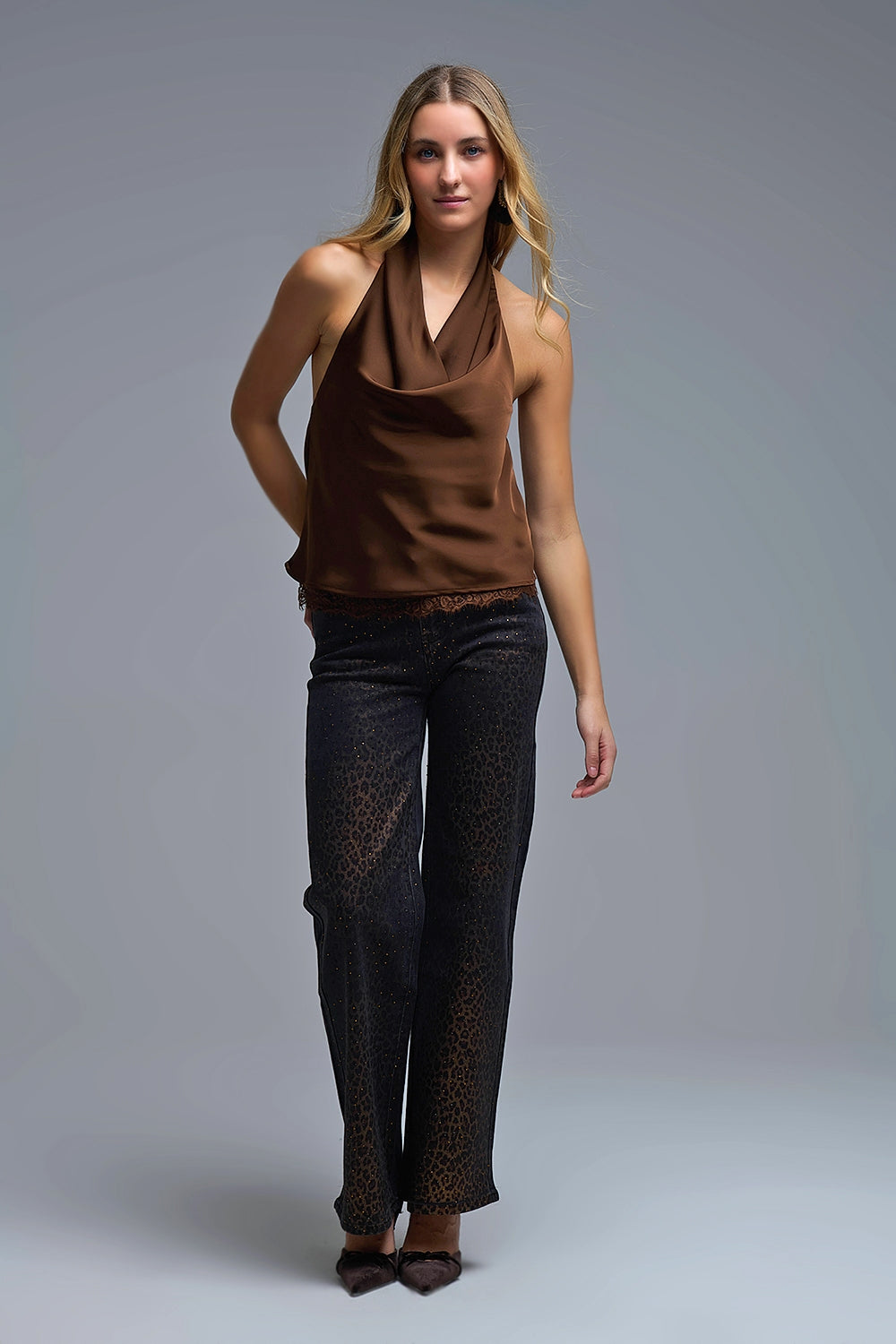 Brown Satin Halter Top with Draped Neckline