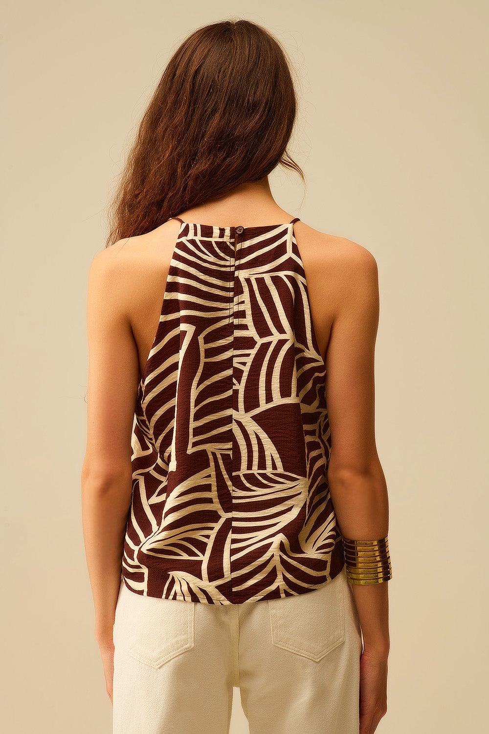 Brown Sleeveless Halter Top with White Leaf Print