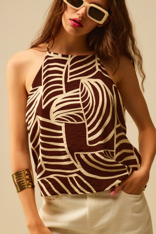 Q2 Brown Sleeveless Halter Top with White Leaf Print