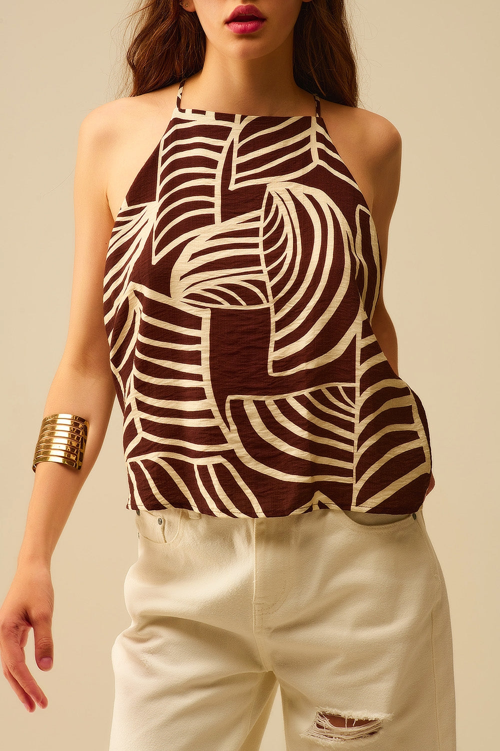 Brown Sleeveless Halter Top with White Leaf Print
