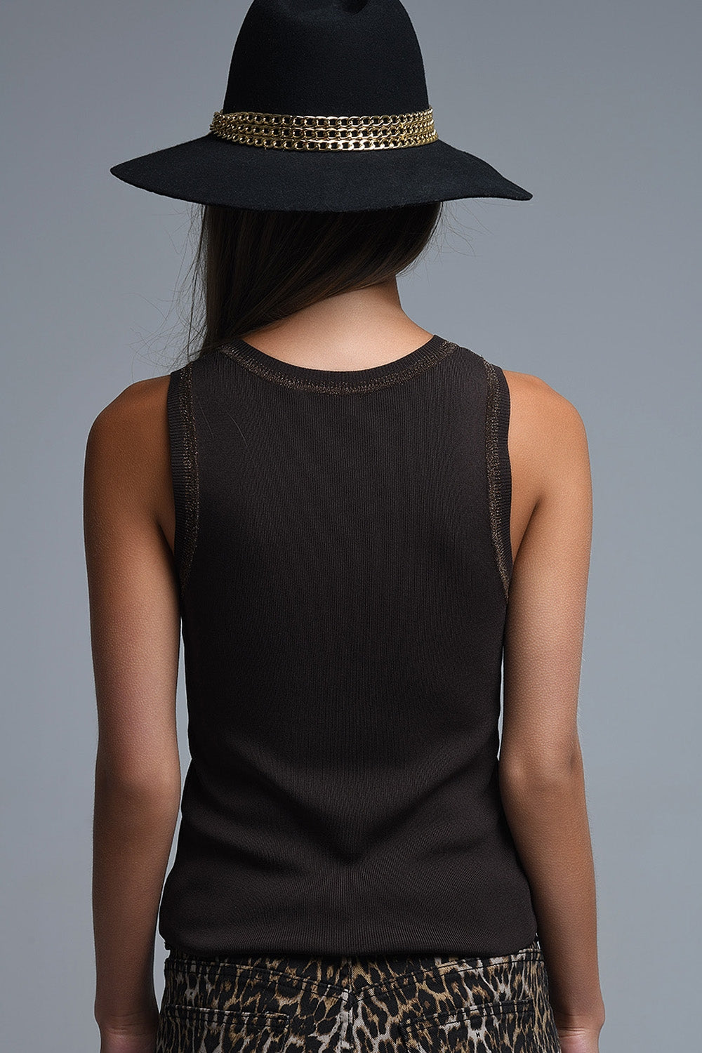 Bruine mouwloze gebreide top met metallic rand