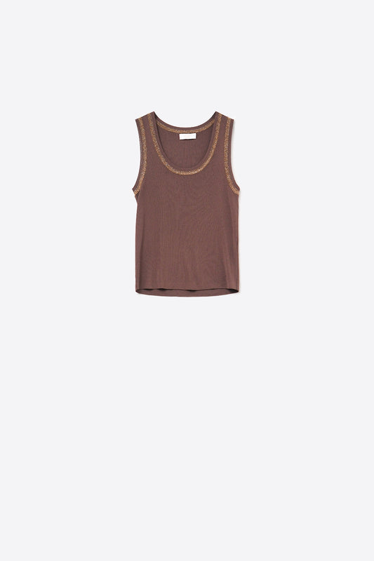 Q2 Brown Sleeveless Knit Top with Metallic Trim