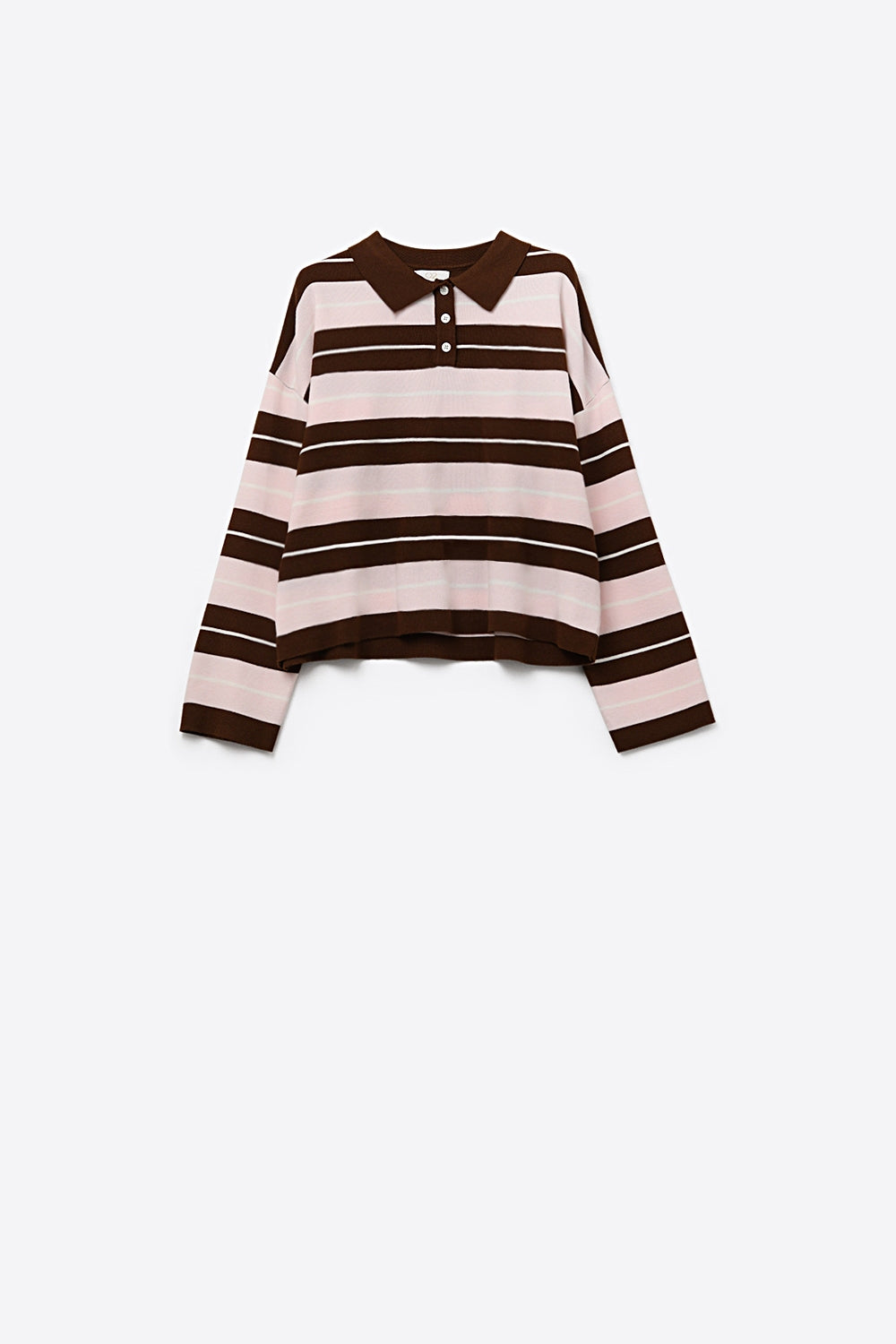 brown Striped Knit Polo Sweater with Buttoned Collar