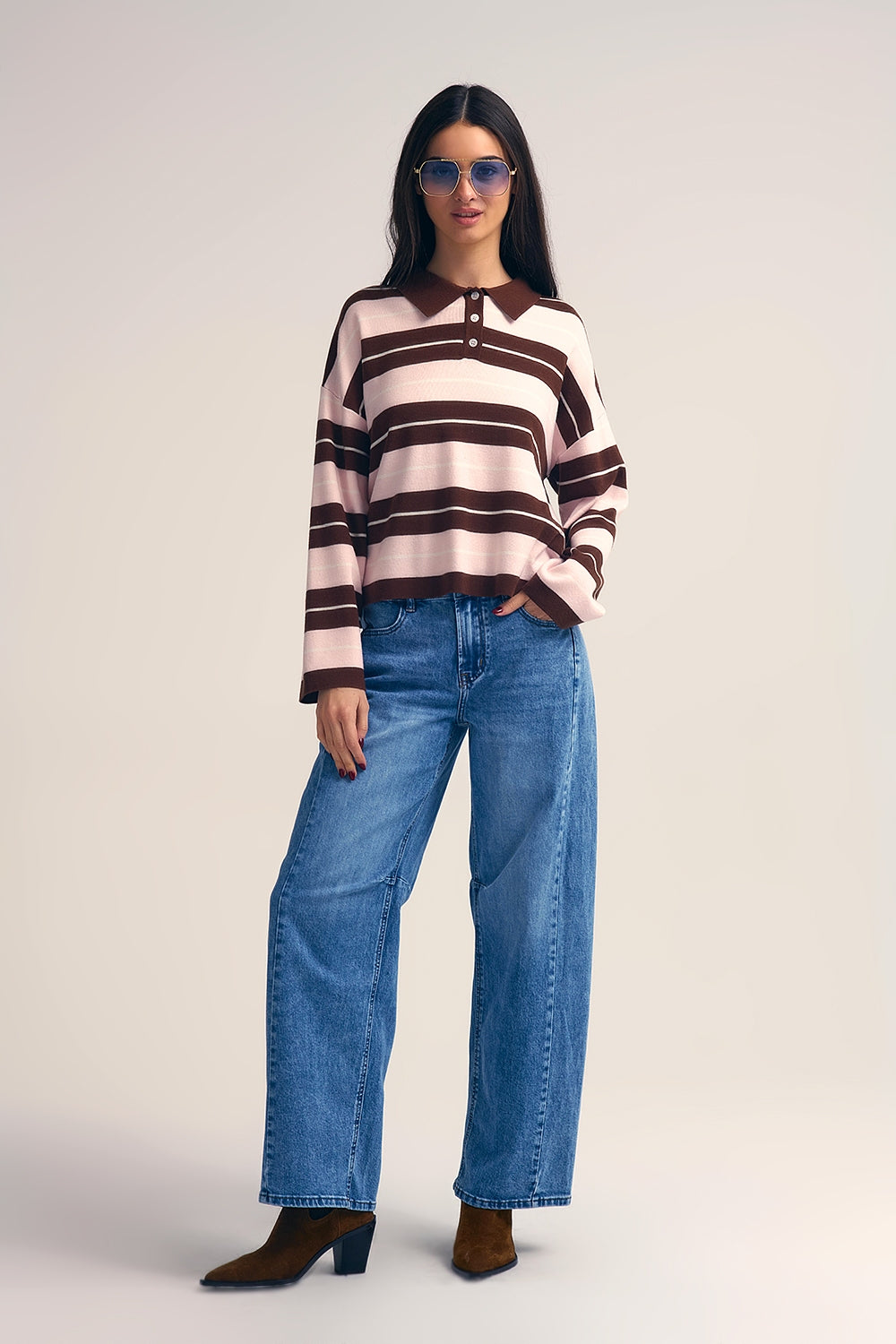 brown Striped Knit Polo Sweater with Buttoned Collar