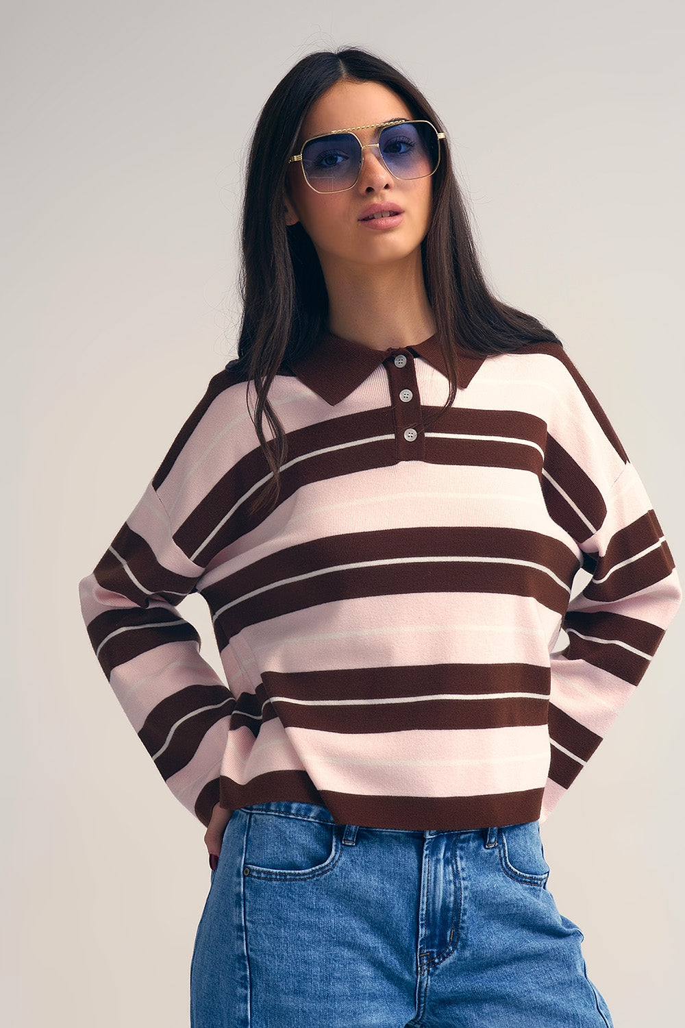 Q2 brown Striped Knit Polo Sweater with Buttoned Collar