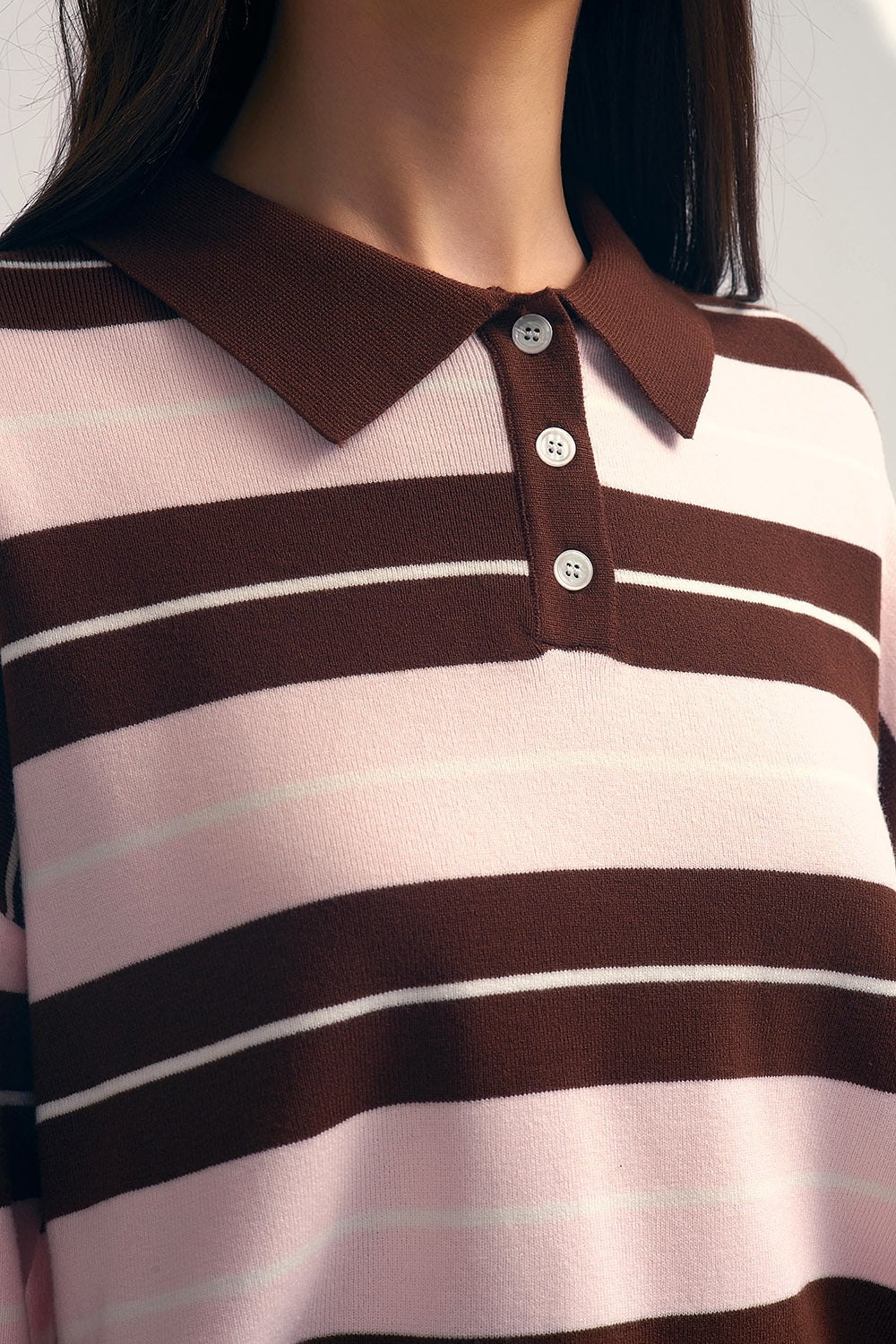 brown Striped Knit Polo Sweater with Buttoned Collar