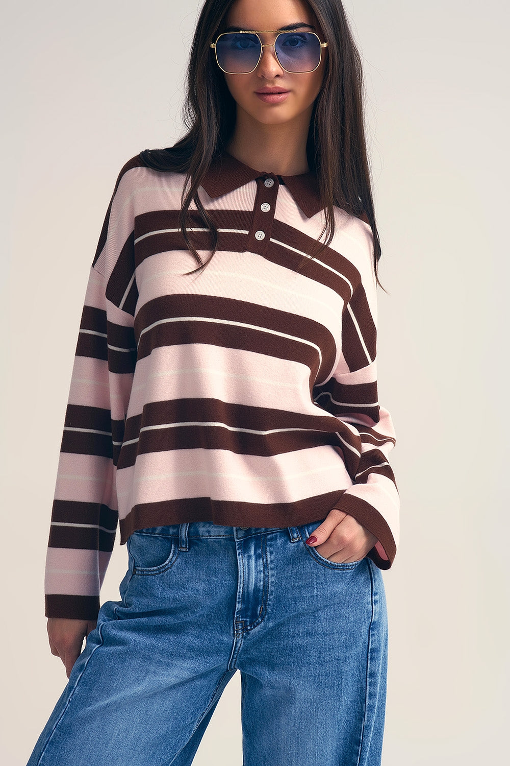 brown Striped Knit Polo Sweater with Buttoned Collar