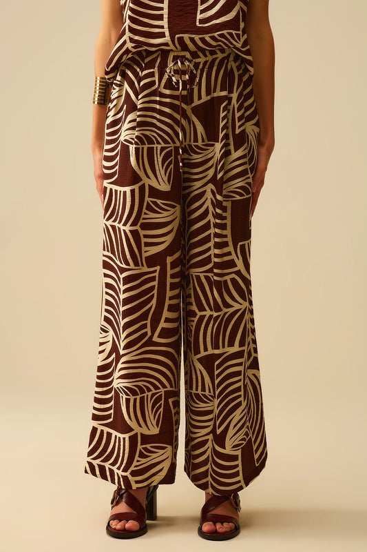 Q2 Brown Wide Leg Trousers with White Leaf Print