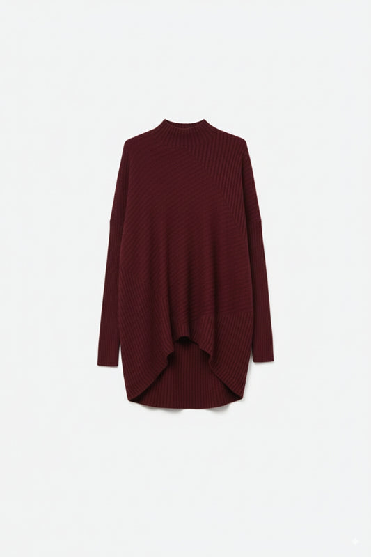 Q2 Burgundy Asymmetric Ribbed Knit Sweater Tunic
