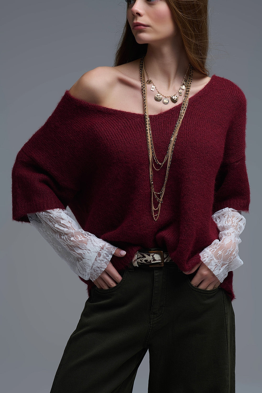 burgundy Contrast V-Neck Sweater with Contrasting White lace Sleeves