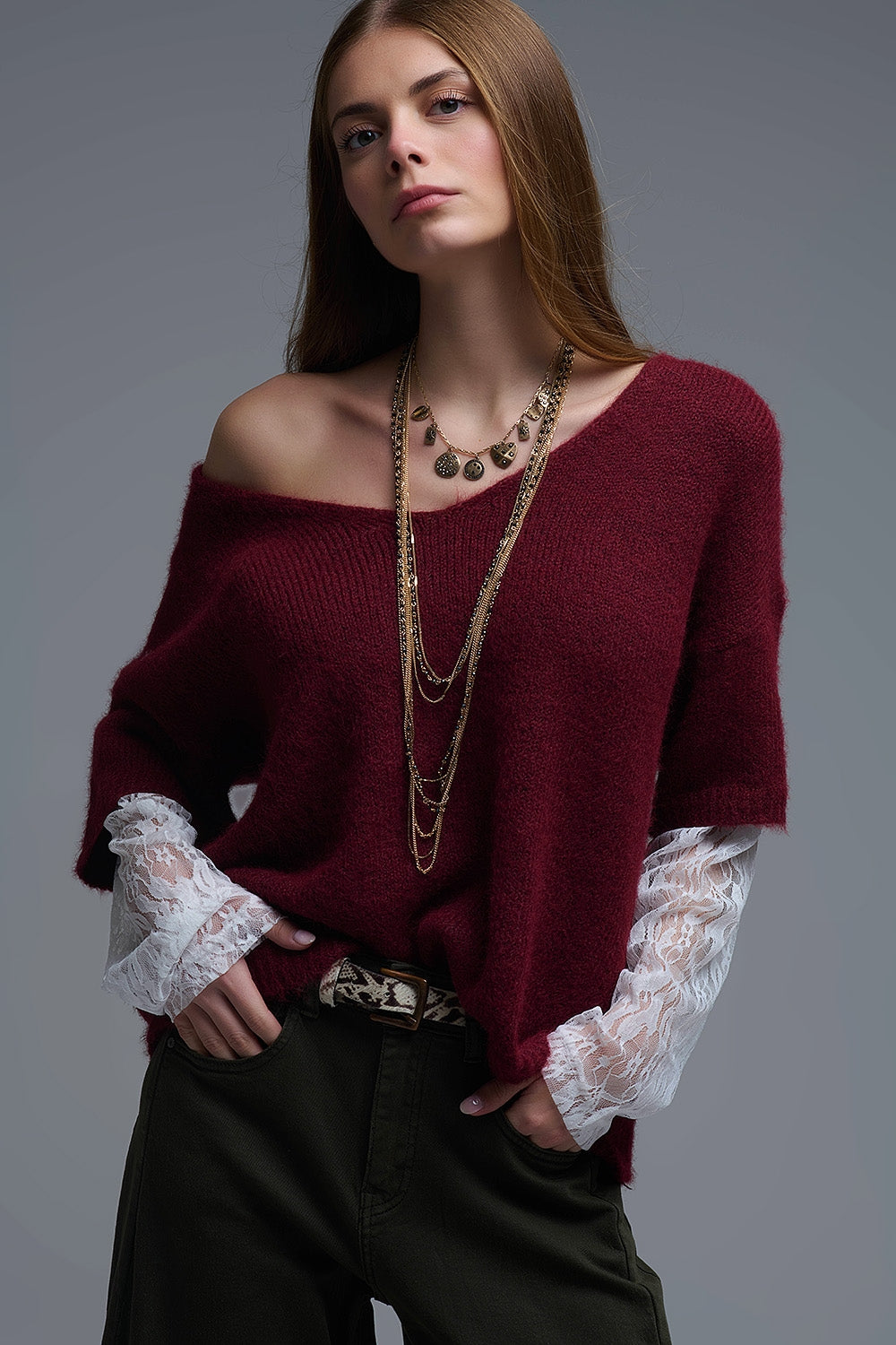 burgundy Contrast V-Neck Sweater with Contrasting White lace Sleeves