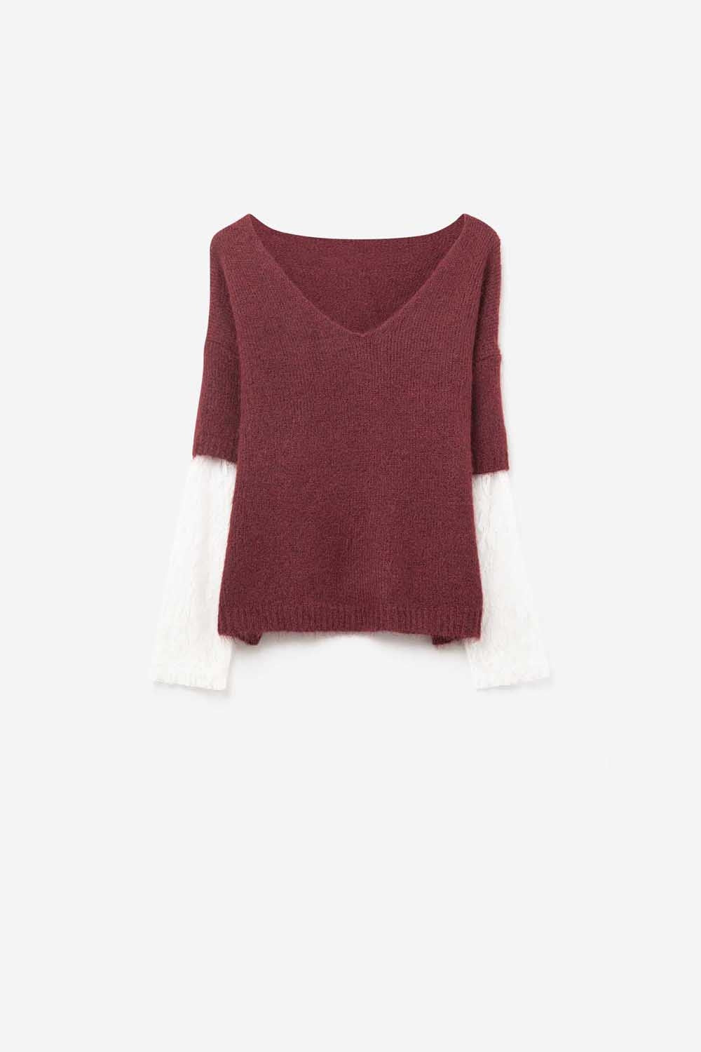 burgundy Contrast V-Neck Sweater with Contrasting White lace Sleeves