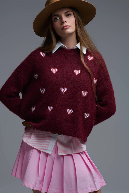 Q2 Burgundy Crew Neck Sweater With Striped Hearts