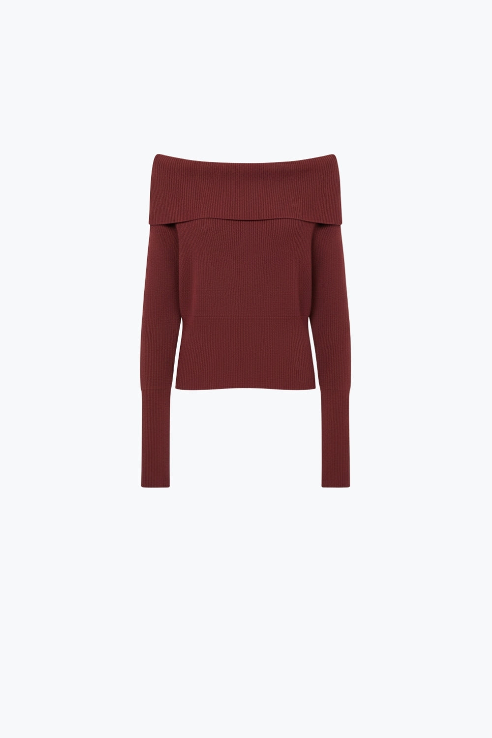 Q2 burgundy fine ribbed knit sweater with wide boat neck