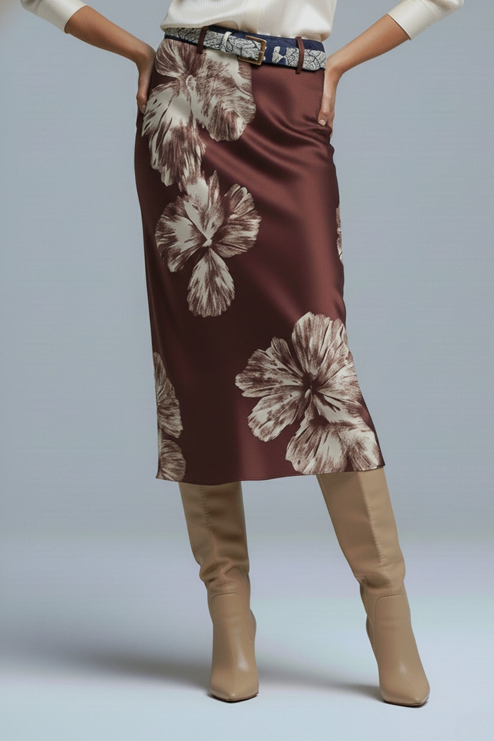 Q2 Burgundy Floral Satin Midi Skirt in satin