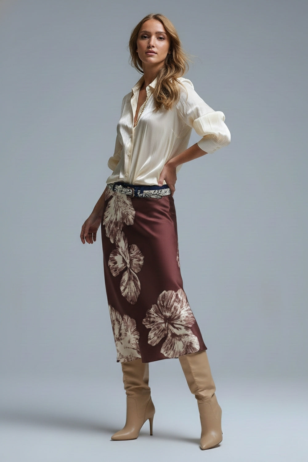 Burgundy Floral Satin Midi Skirt in satin