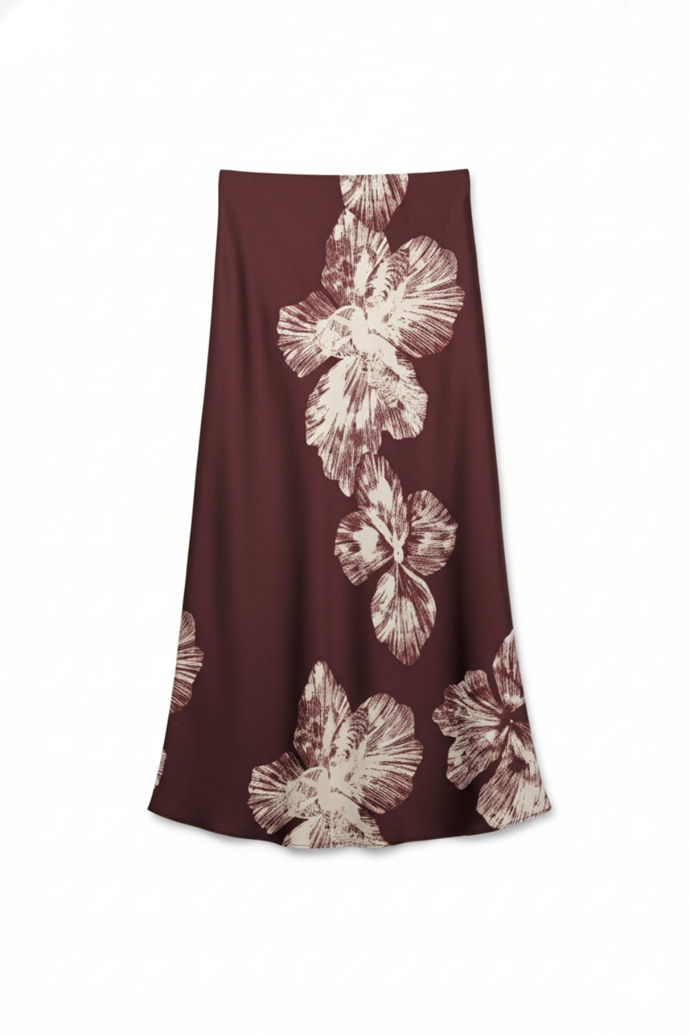 Burgundy Floral Satin Midi Skirt in satin