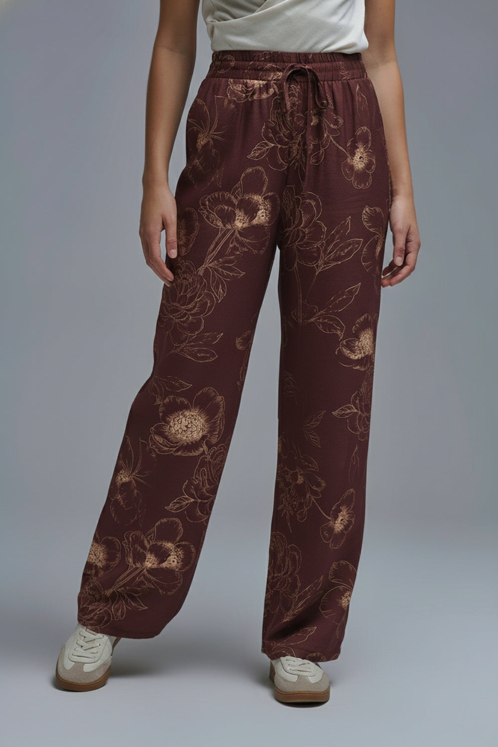 Q2 burgundy Light-weight Flowy Pants in Autumnal Floral Print