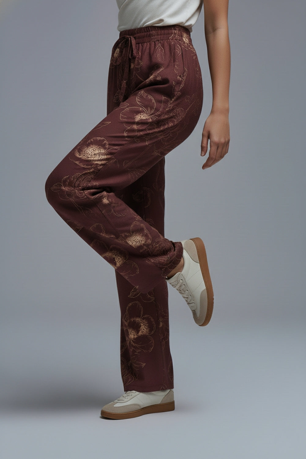 burgundy Light-weight Flowy Pants in Autumnal Floral Print