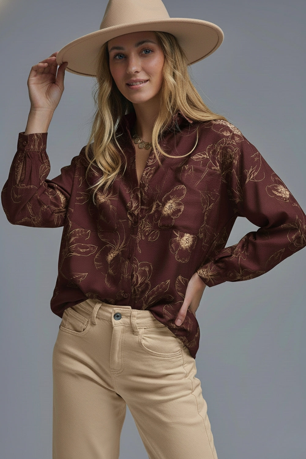 Q2 Burgundy Light-weight Flowy shirt in Autumnal Floral Print