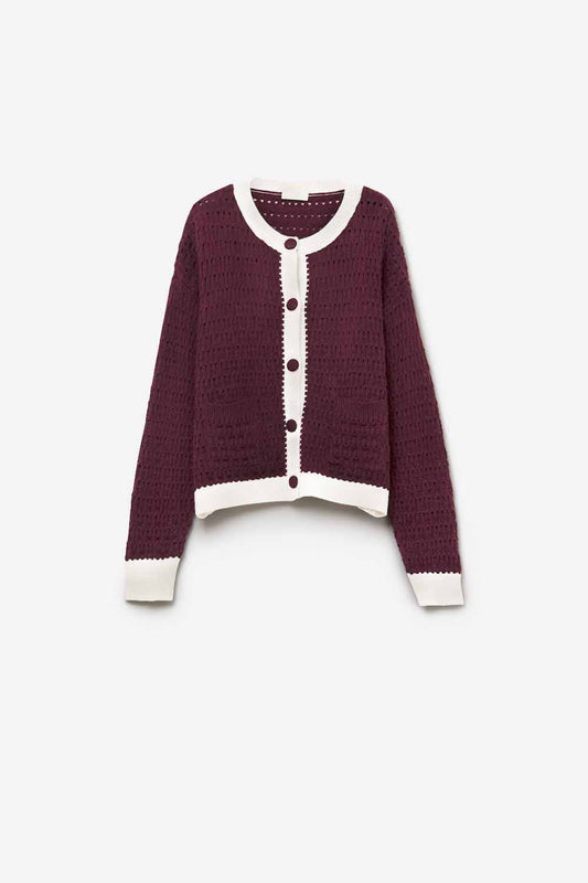 Q2 Burgundy Open-Knit Cardigan with Contrast Trim