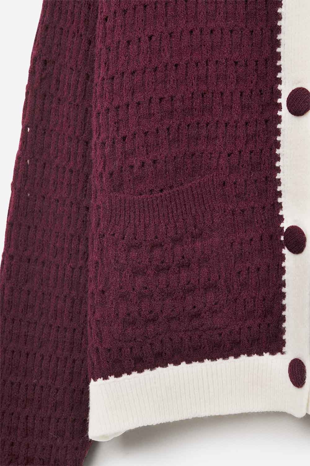Burgundy Open-Knit Cardigan with Contrast Trim