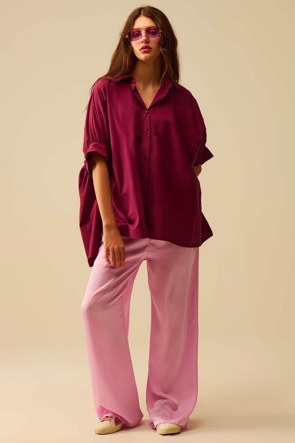 Burgundy Oversized Blouse with Short Sleeve