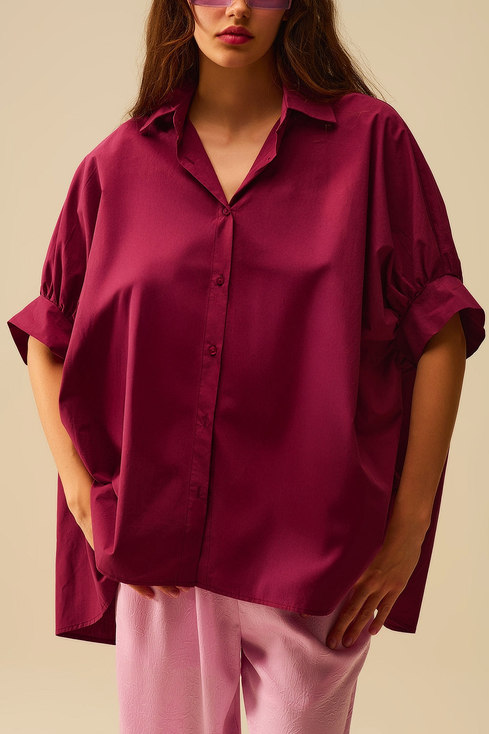 Burgundy Oversized Blouse with Short Sleeve