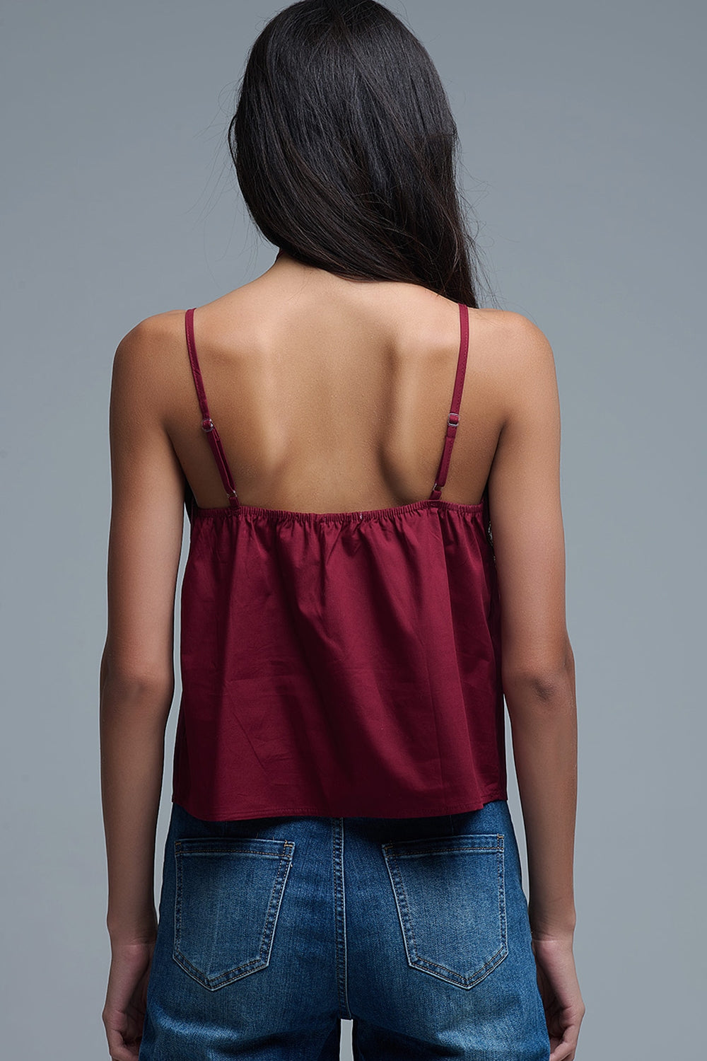 Burgundy poplin crop top with bow detail