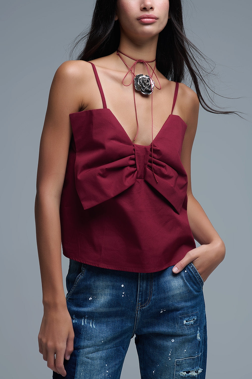 Burgundy poplin crop top with bow detail