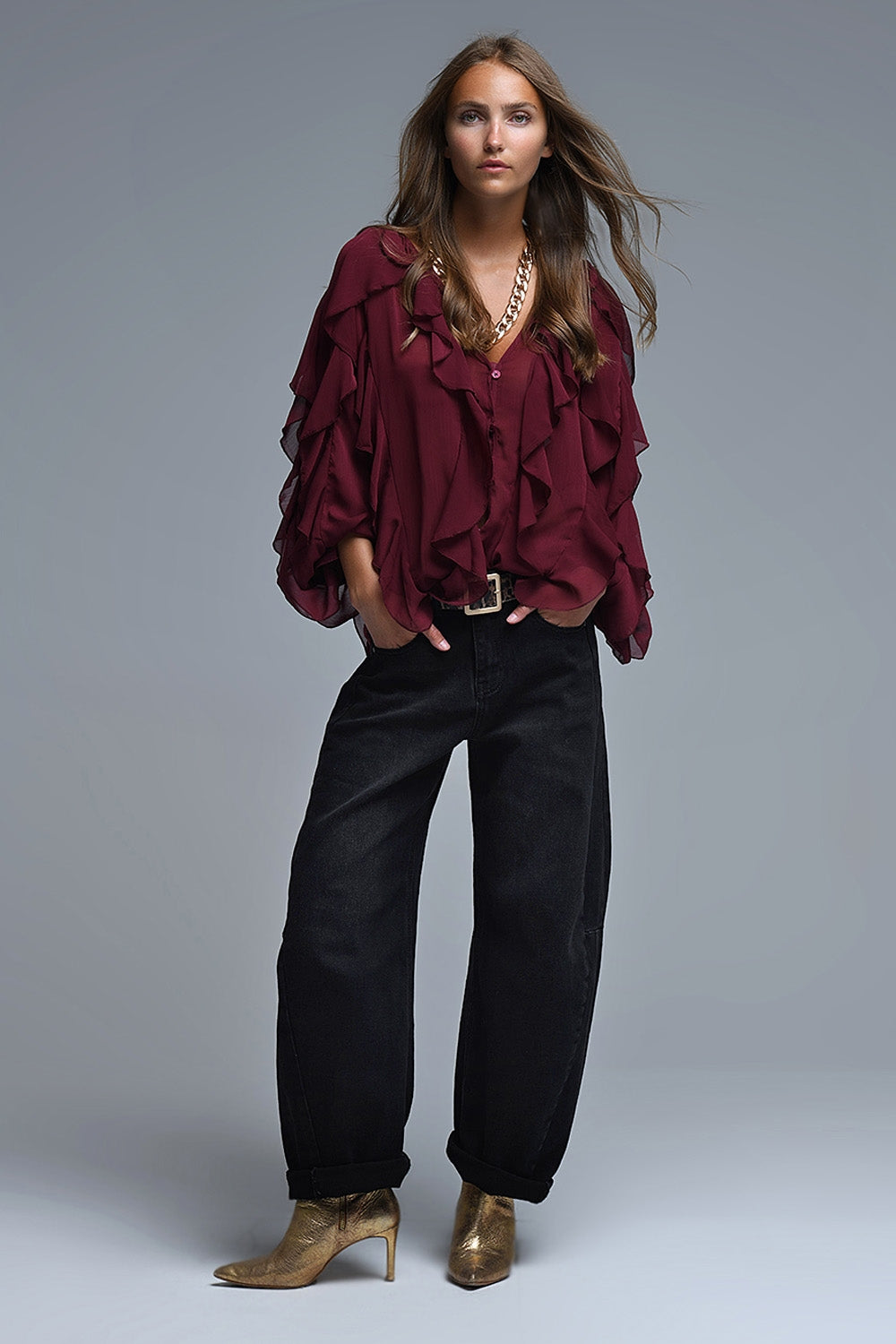 Burgundy V-Neck All Over Ruffle Blouse