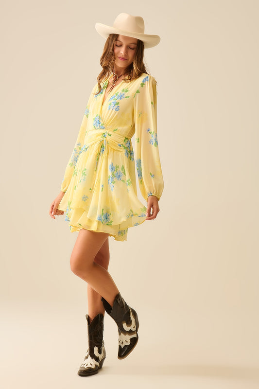 Q2 Butter yellow spring  mini dress with ruched design