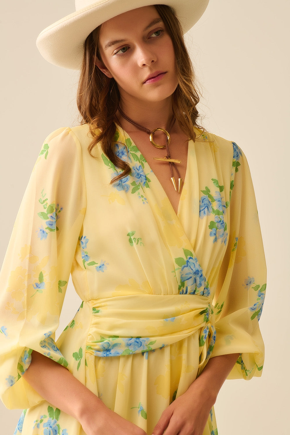 Butter yellow spring  mini dress with ruched design