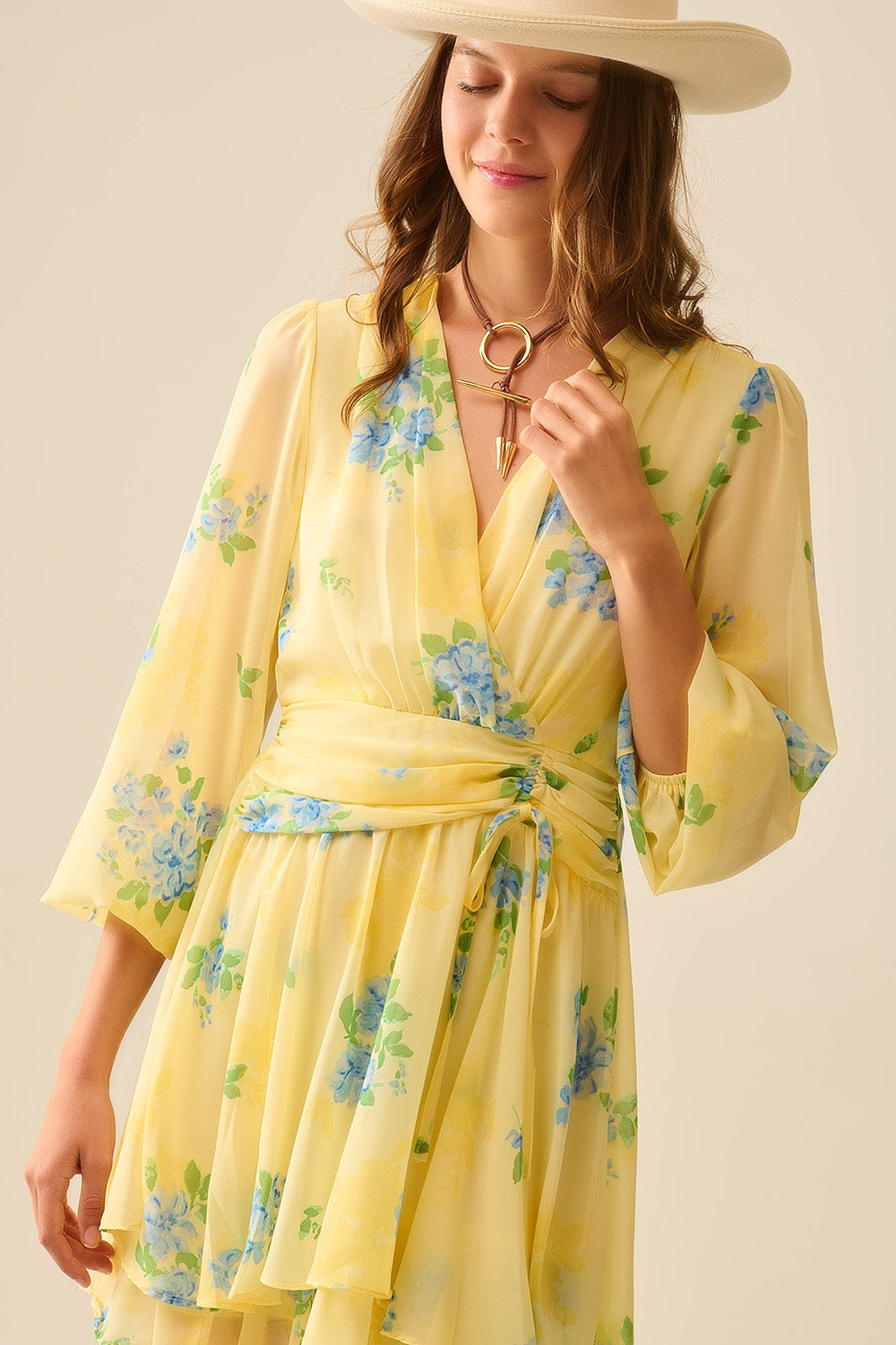 Butter yellow spring  mini dress with ruched design