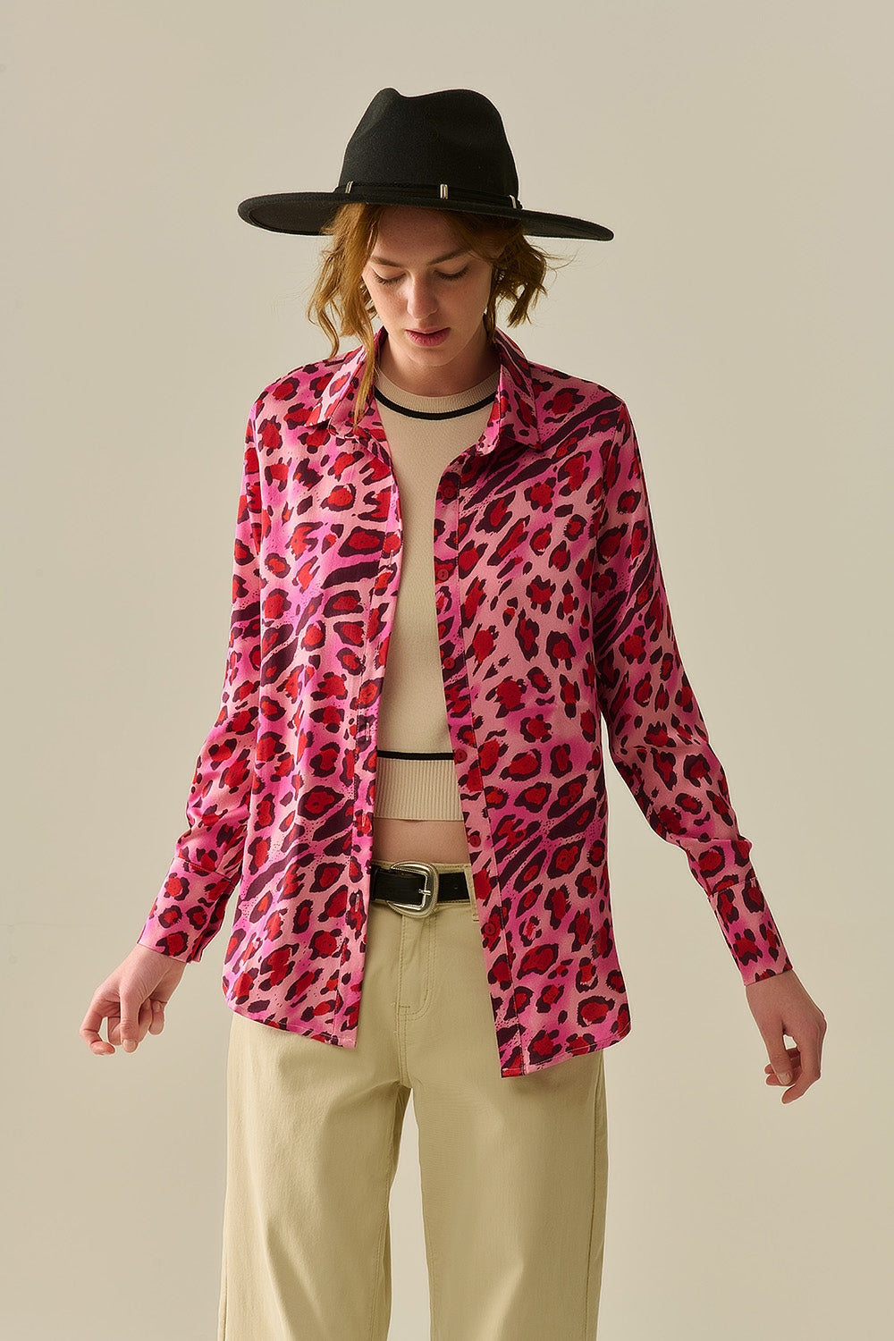 Q2 Buttoned Shirt In Fuchsia Leopard Print