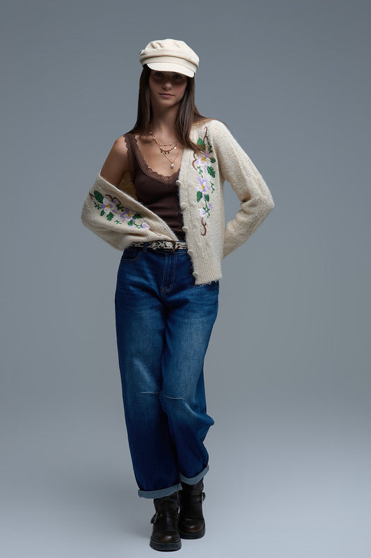 Kabelgebreid beige vest met geborduurde bloemen