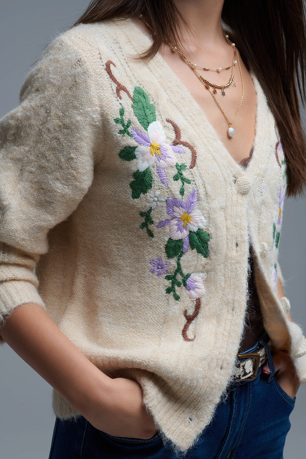 Cable Knit Beige Cardigan With embroidered Flowers
