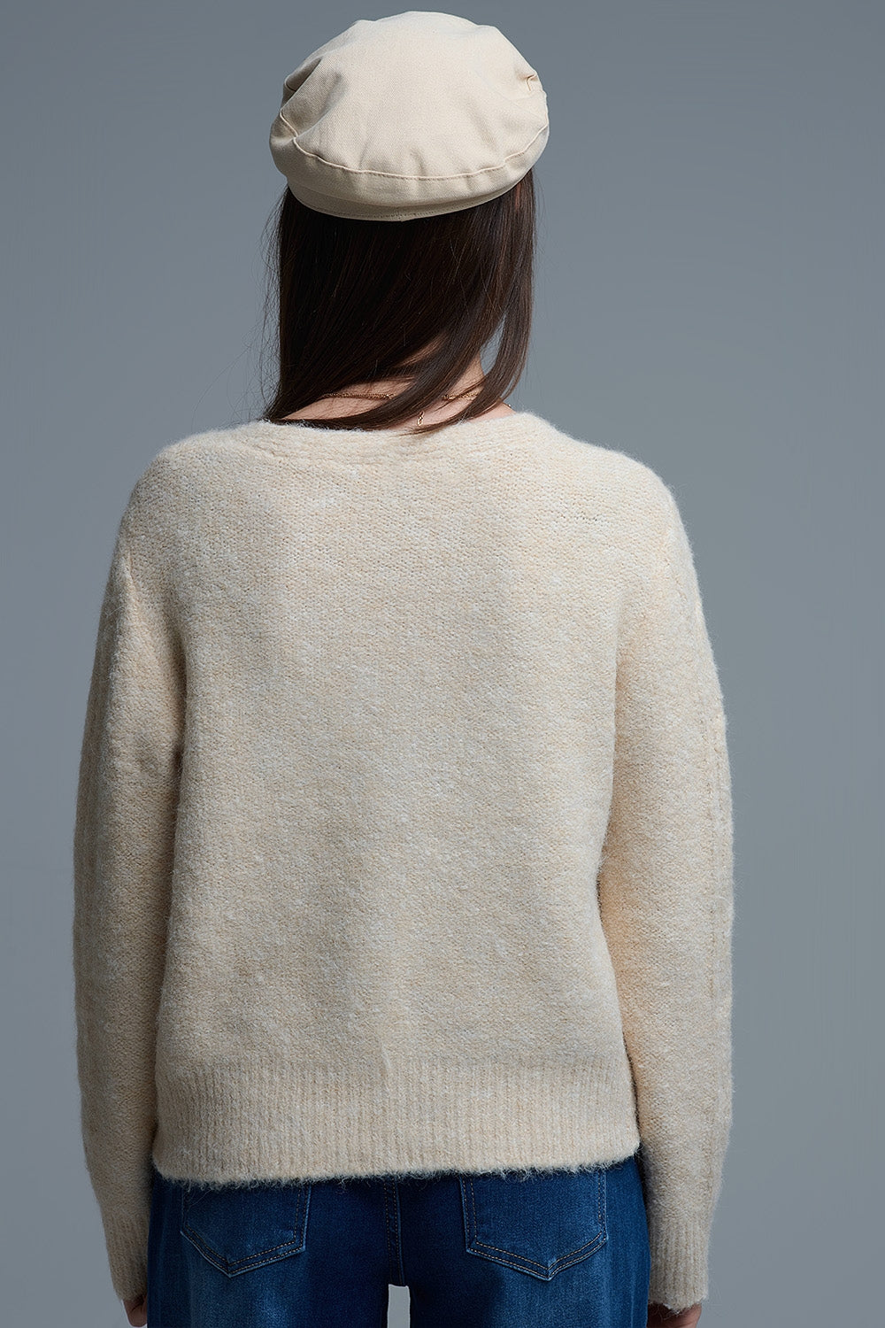 Cable Knit Beige Cardigan With embroidered Flowers